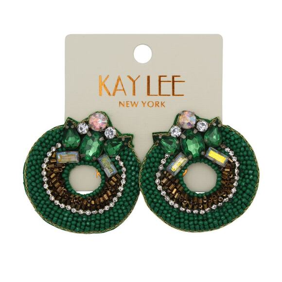 Kay Lee Christmas Wreath Seed Bead Earrings - Picture 1 of 2